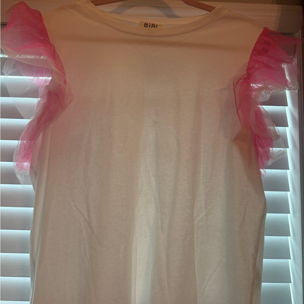 White and Pink tulle Ruffle Sleeve Top